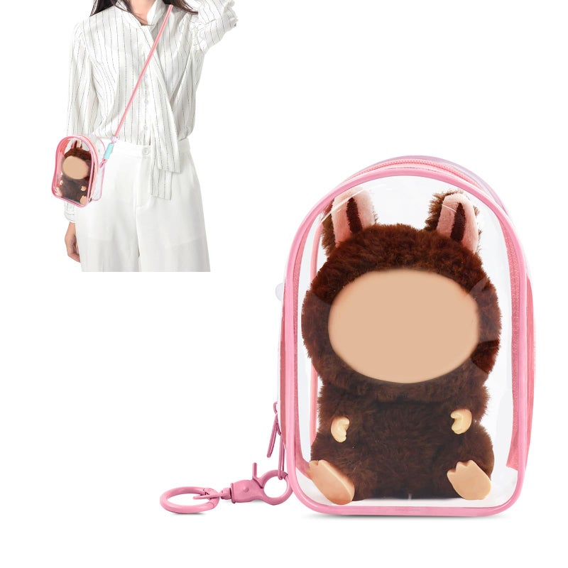 NZNDB Protective Case for Plush Doll, Clear Hanging Display Cases, Crossbody Doll Storage Bag, PVC Storage Case Cover for Figures, Dolls (Pink) - Image 1